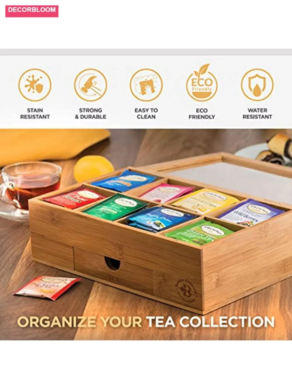Bamboo Tea Bag Organizer Box with Acrylic Lid and Drawer